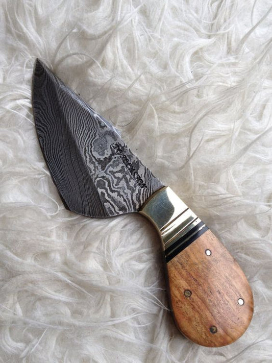 Custom handmade Damascus steel skinning knife with a 3-inch blade, rosewood handle, and brass bolster, perfect for hunting and outdoor use