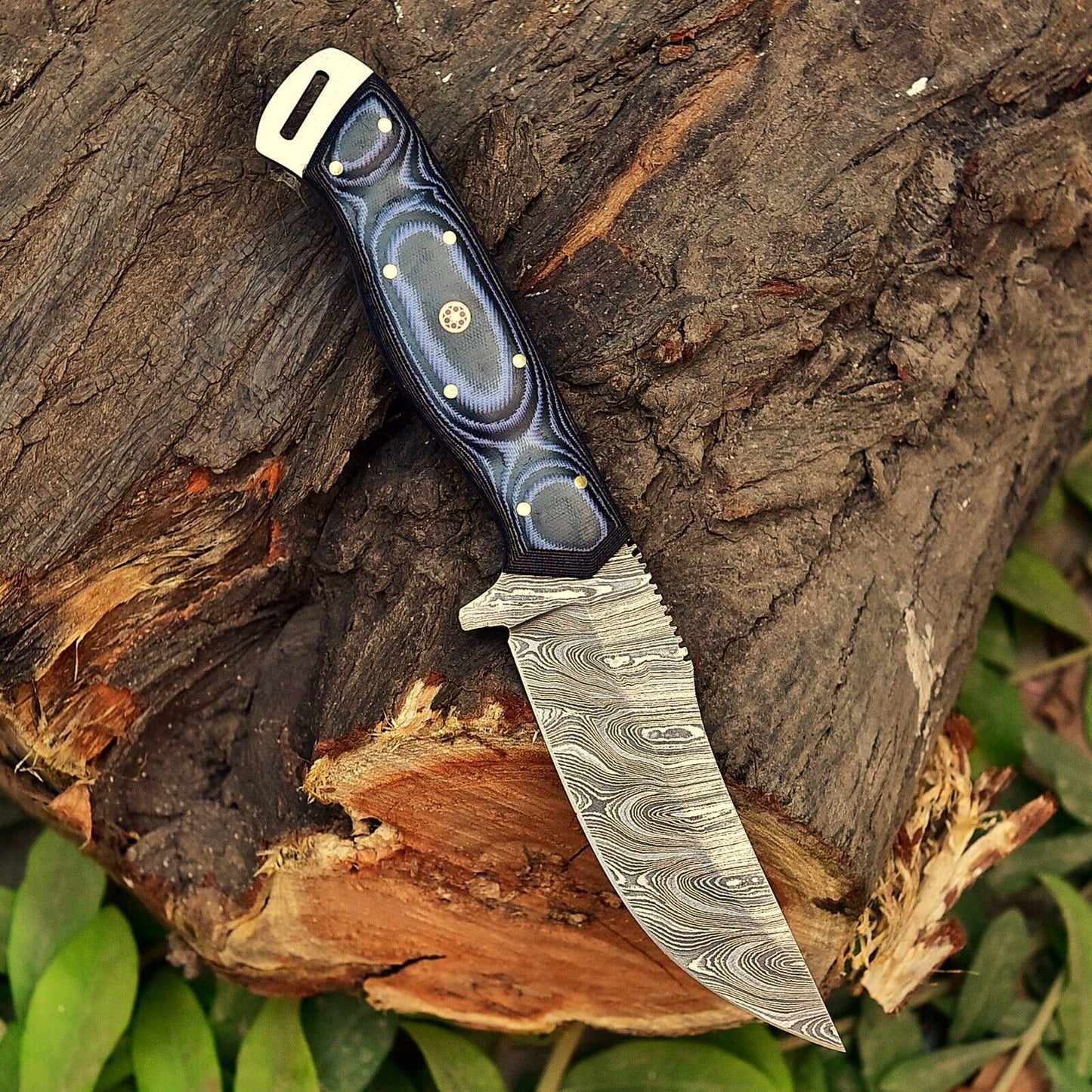 Custom handmade Damascus steel skinning knife with a 5-inch blade and unique 10-sheet handle, ideal for hunting and outdoor use