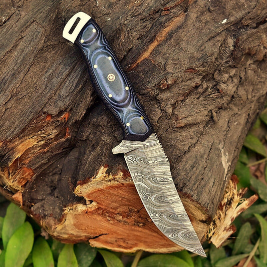 Custom handmade Damascus steel skinning knife with a 5-inch blade and unique 10-sheet handle, ideal for hunting and outdoor use