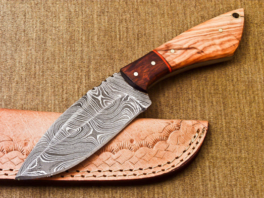 "Custom handmade Damascus steel survival knife with a 5-inch blade and a rosewood and olive wood handle, perfect for camping and outdoor adventures.