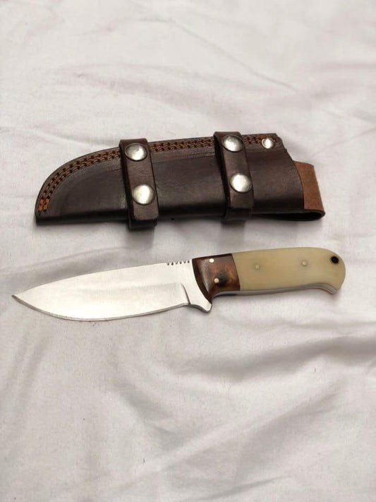 Custom handmade J2 steel skinner knife with a 5-inch blade and camel bone and rosewood handle, ideal for skinning and outdoor use