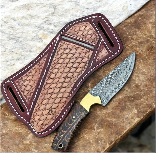 Custom handmade Western Cowboy Belt Knife with a 9-inch Damascus steel blade, pine cone handle, brass bolster, and a leather belt loop case for secure carry