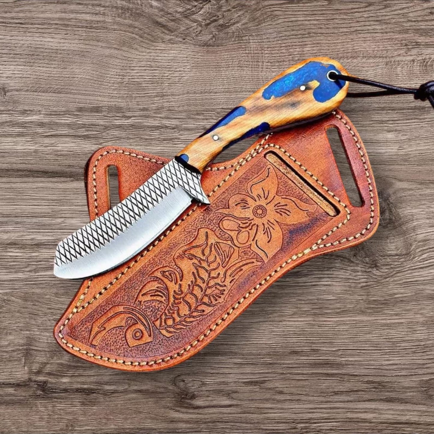 Custom handmade belt knife with 3.5-inch rasp tool blade and resin olive wood handle, ideal for outdoor use and everyday carry