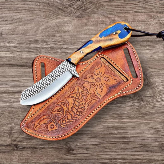Custom handmade belt knife with 3.5-inch rasp tool blade and resin olive wood handle, ideal for outdoor use and everyday carry
