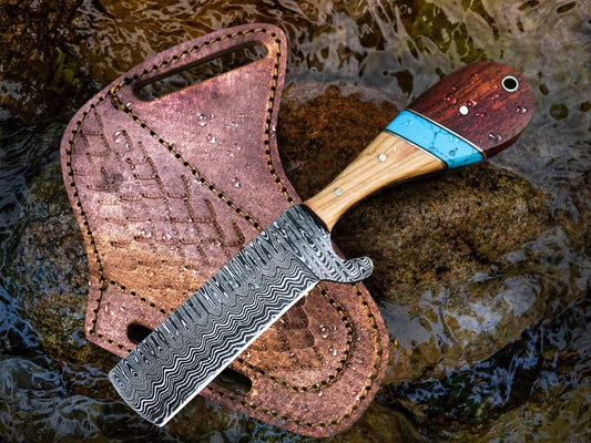 Custom handmade bull cutter knife with 4-inch Damascus steel blade and turquoise pakkawood rosewood handle