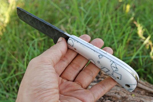 Custom handmade cowboy bull cutter knife with 4-inch J2 steel blade and resin handle