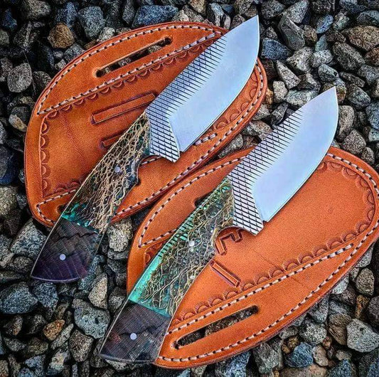 "Custom handmade cowboy bull cutter knife with 4.5-inch J2 steel blade and resin handle"
