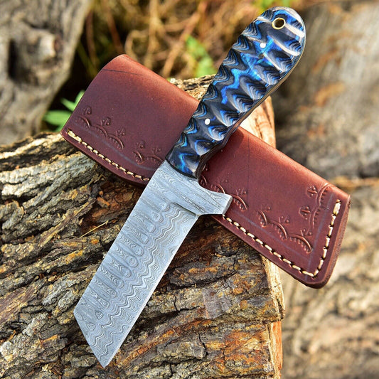 Custom handmade cowboy bull cutter knife with Damascus steel blade and pakkawood handle
