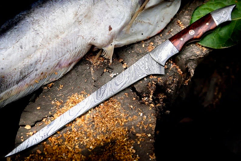 Handmade Damascus Steel Fish Fillet Knife – 13” with Rosewood Handle & Leather Sheath

