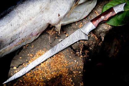Handmade Damascus Steel Fish Fillet Knife – 13” with Rosewood Handle & Leather Sheath

