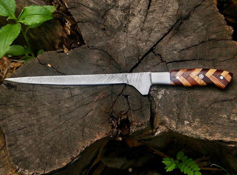 Handmade Damascus Fillet Knife 8” – Rosewood & Olive Wood Handle + Leather Sheath

