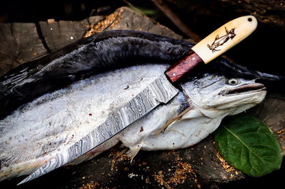 Custom handmade filleting knife for fish with Damascus steel camel bone rosewood engraved handle and leather sheath