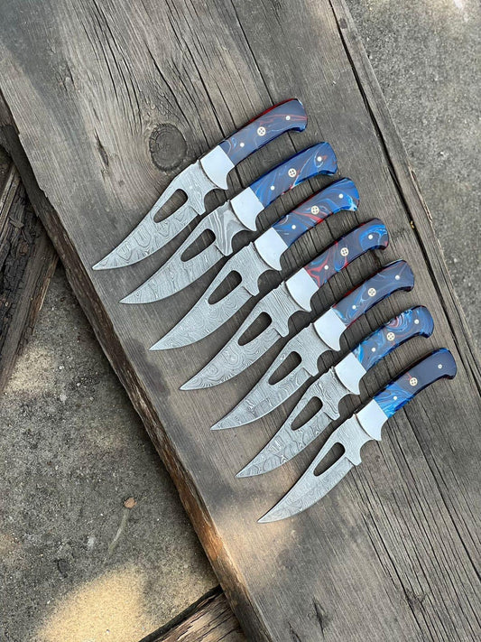 Custom handmade good hunting knife with a 4-inch Damascus steel blade featuring a wair cutt design, resin handle, and steel bolster, perfect for outdoor use