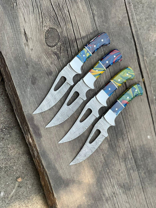 Custom handmade hunting knife with a 4-inch Damascus steel blade, featuring a rosewood handle and steel bolster, displayed with a leather sheath
