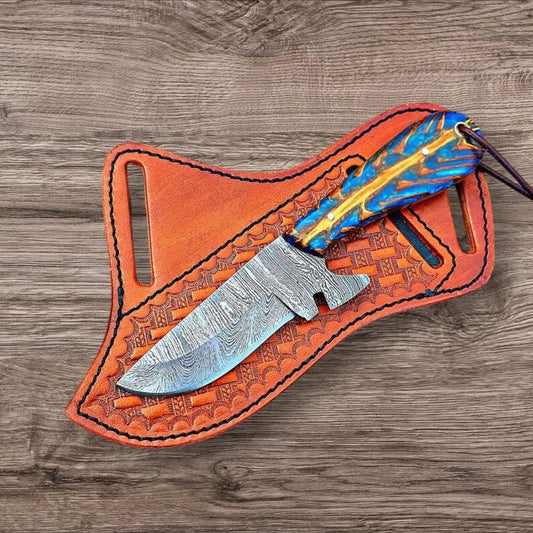 Custom Handmade Working Cowboy Knife – Damascus Steel, Pine Cone Handle & Leather Sheath

