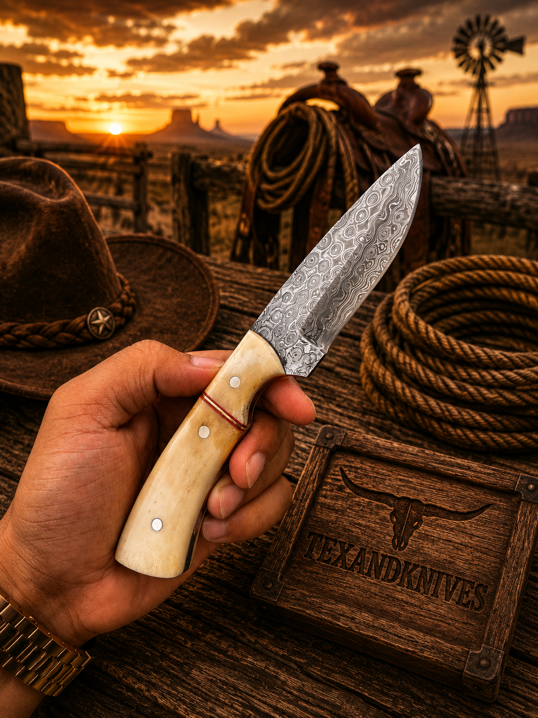 Damascus Steel Belt Knife - 8.5" Fixed Blade with Camel Bone Handle & Leather Sheath
