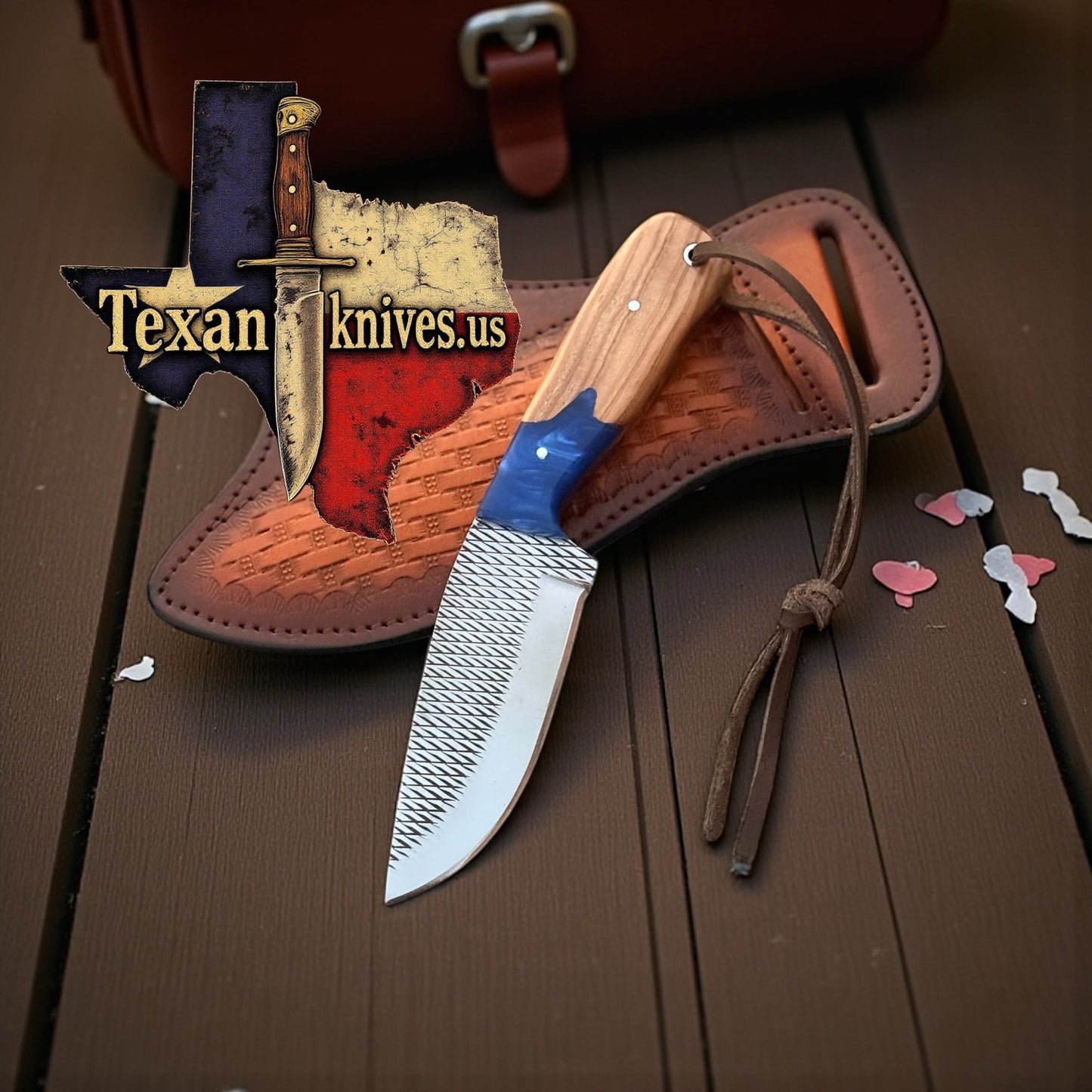 Classic Cowboy Knife – Handcrafted Rasp Steel Blade with Olivewood & Blue Resin Handle