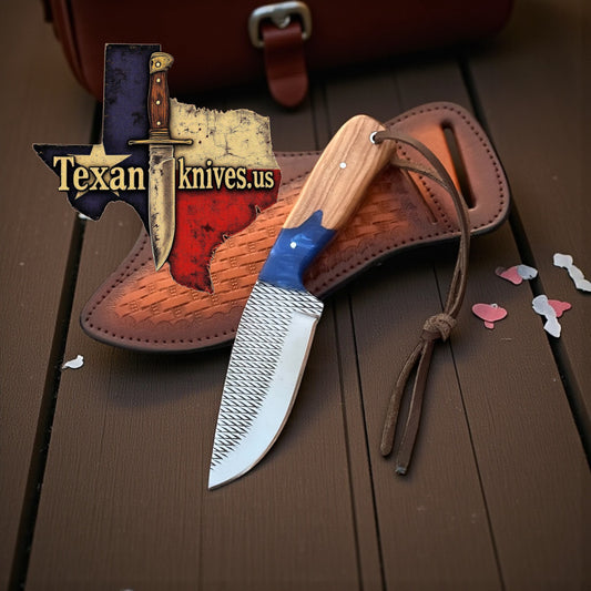 Classic Cowboy Knife – Handcrafted Rasp Steel Blade with Olivewood & Blue Resin Handle