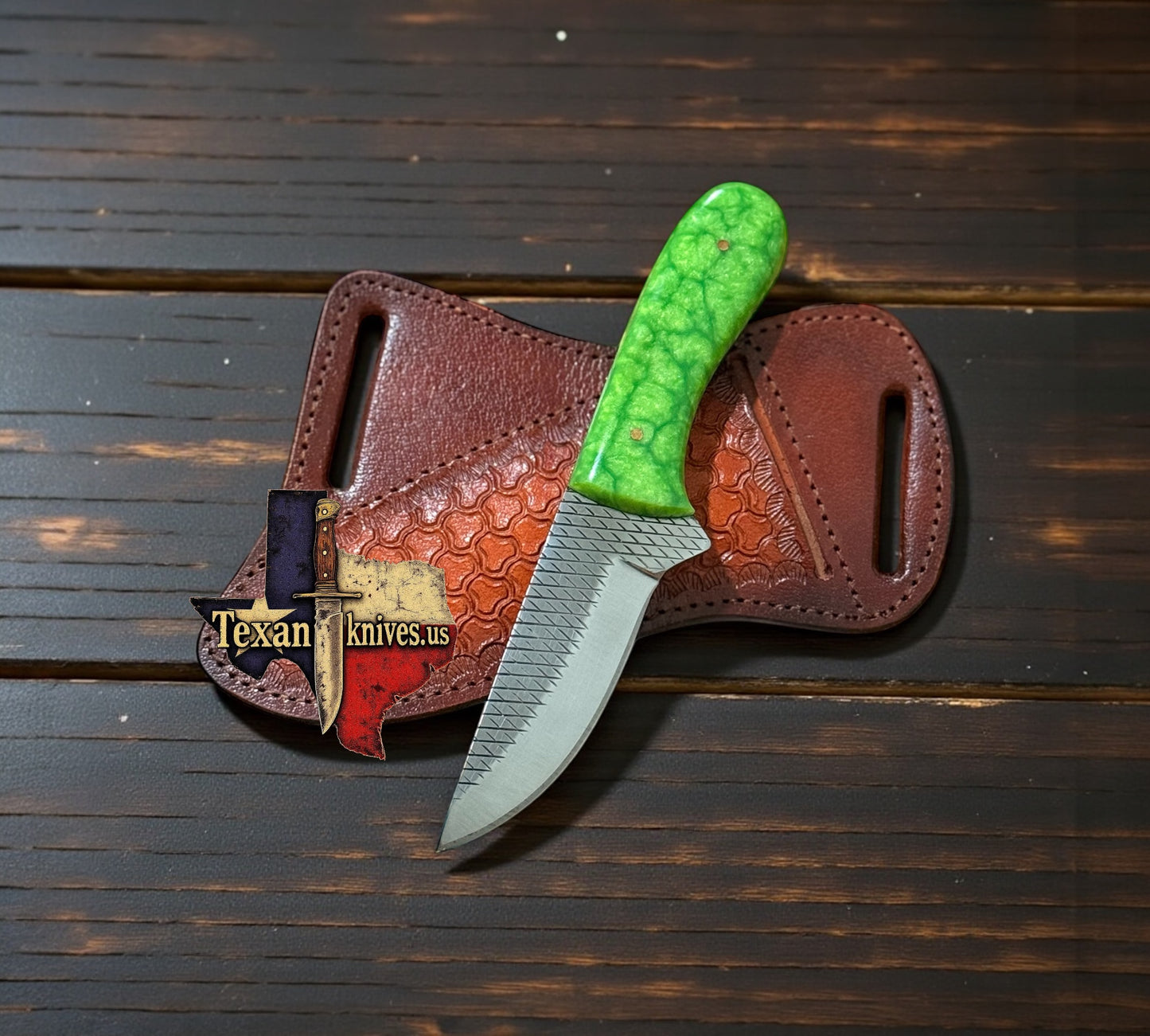 Cowboy Knife with Pancake Sheath – Parrot Pearl Resin Handle