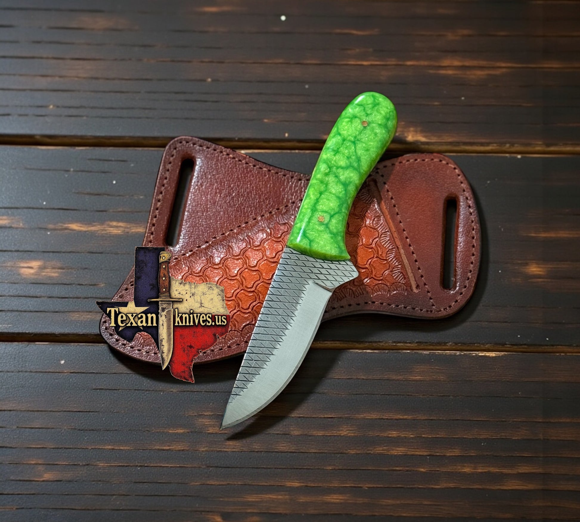 Cowboy Knife with Pancake Sheath – Parrot Pearl Resin Handle