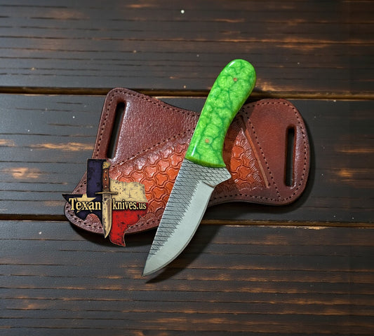Cowboy Knife with Pancake Sheath – Parrot Pearl Resin Handle