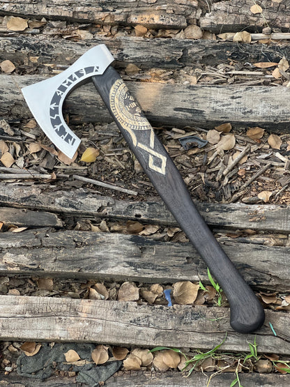 Norse Axe – 20” Hand-Forged High Carbon Steel Blade with Engraved Wooden Handle & Leather Sheath