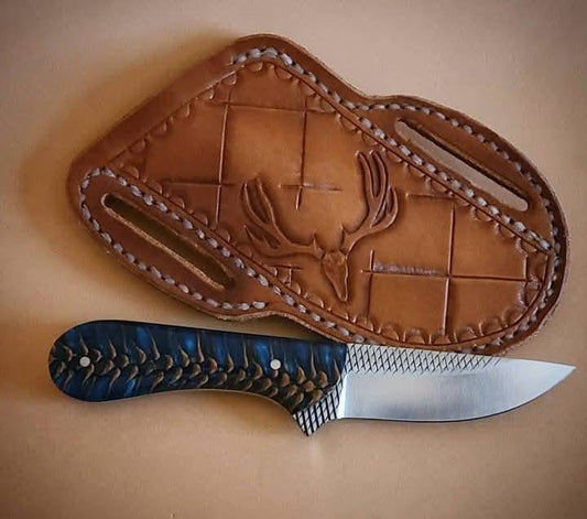 Dalles Cowboy Knife with rasp tool blade, pine cone handle, and leather belt loop case - 9 inches overall length.