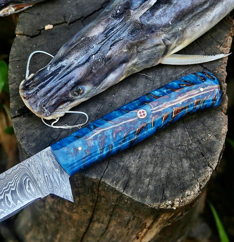 Damascus Fillet Knife with pine cone handle and leather sheath