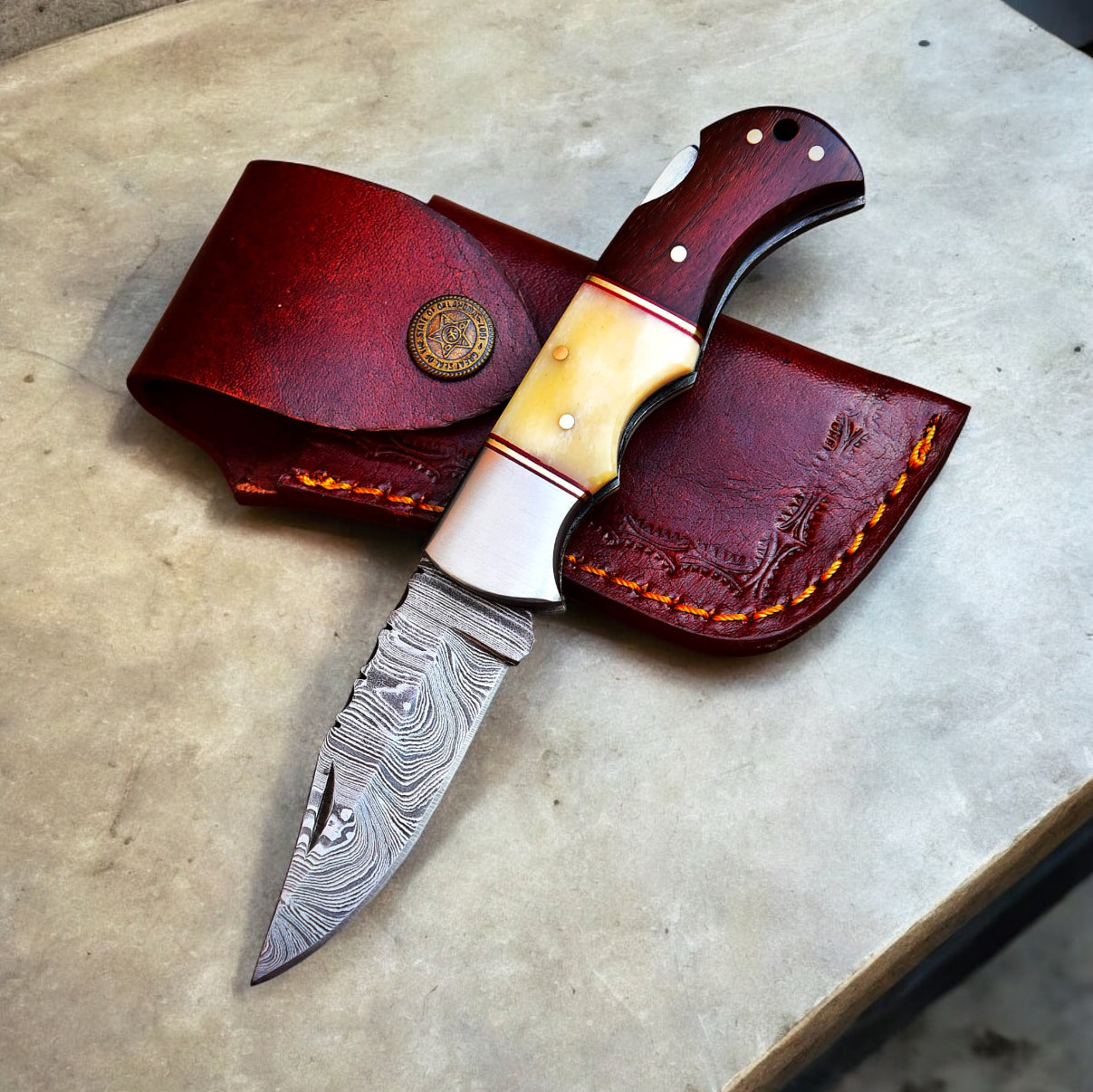 Damascus Folding Knife – 6” Handmade Pocket Knife with Rosewood or Bone Handle, Steel Bolster & Leather Sheath