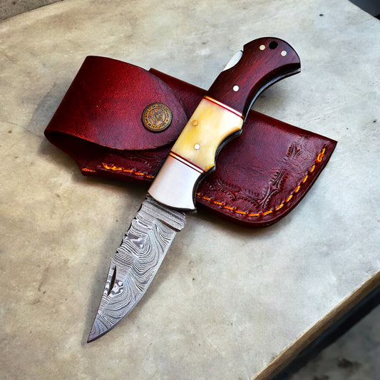 Damascus Folding Knife – 6” Handmade Pocket Knife with Rosewood or Bone Handle, Steel Bolster & Leather Sheath