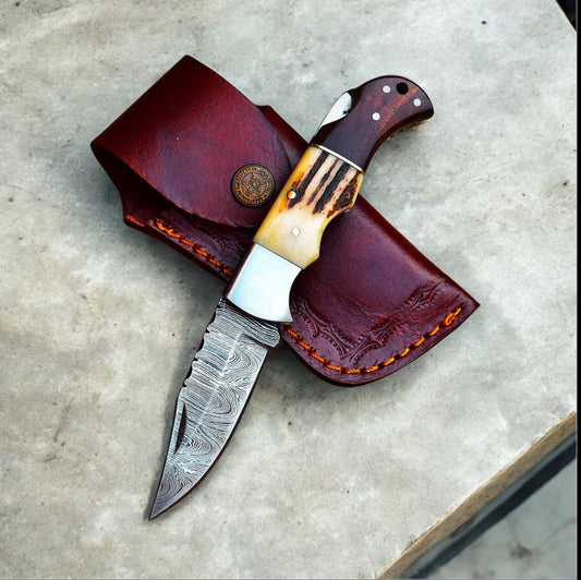 Damascus Pocket Knife – 6” Handmade Folding Blade with Rosewood or Antler Horn Handle | Leather Sheath