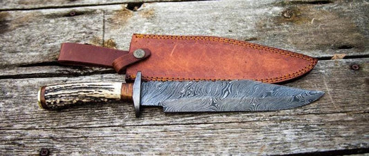 Damascus Steel 1800s Bowie Knife with Stag Horn Handle and Leather Sheath.