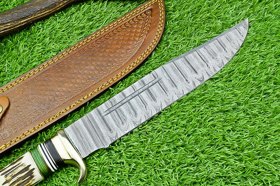 Damascus Steel Bowie Knife for Hunting and Display – 16" Blade with Stag Horn Handle