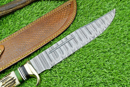 Damascus Steel Bowie Knife for Hunting and Display – 16" Blade with Stag Horn Handle