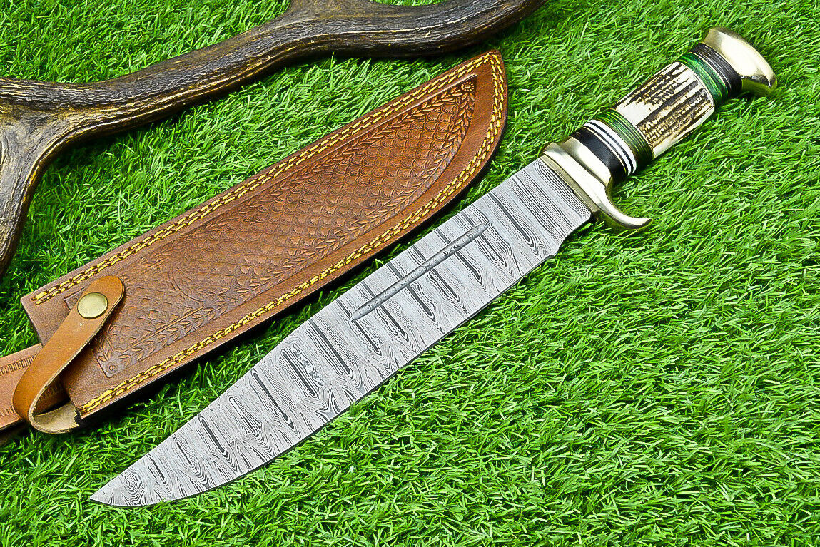 Damascus Steel Bowie Knife with Leather Sheath – Perfect Gift Item