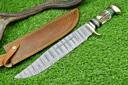 Damascus Steel Bowie Knife with Leather Sheath – Perfect Gift Item