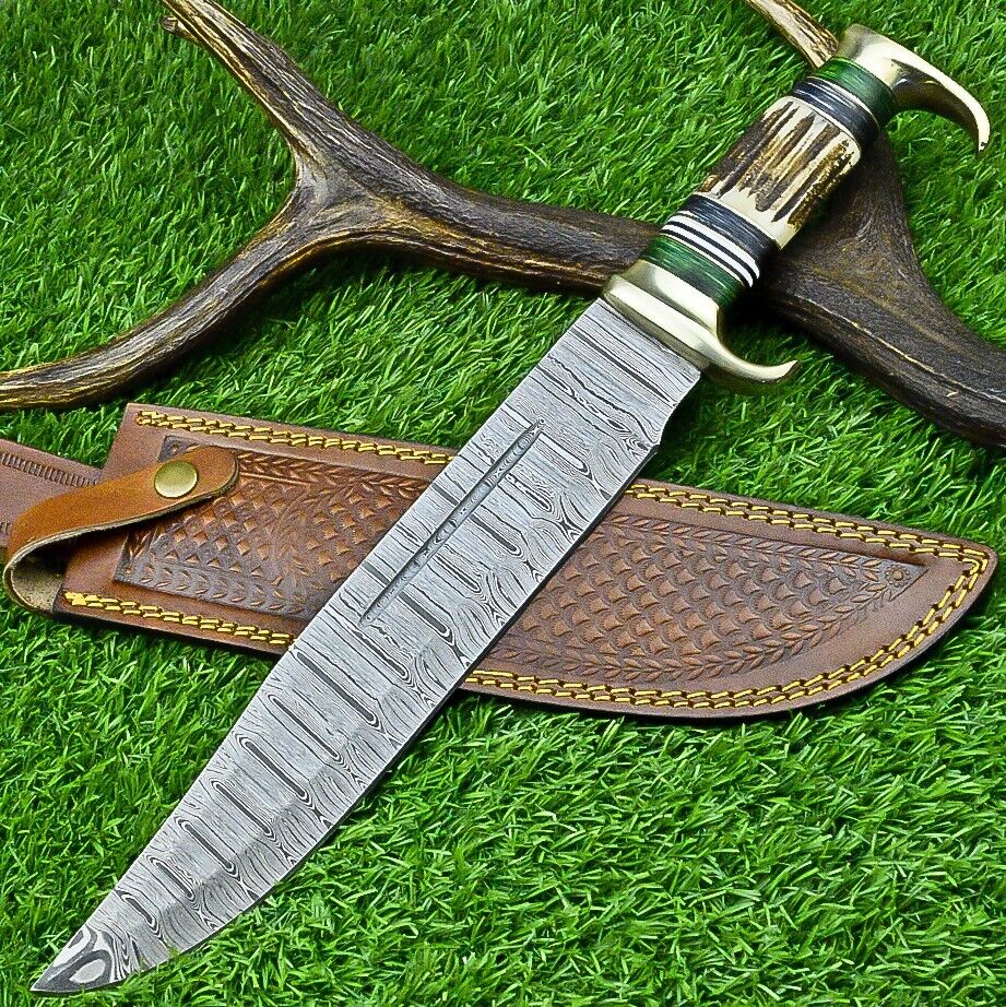 Damascus Steel Bowie Knife with Stag Horn Handle and Leather Sheath