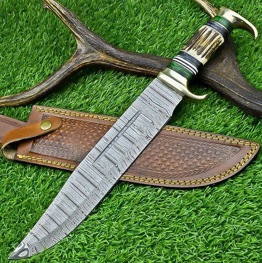 Damascus Steel Bowie Knife with Stag Horn Handle and Leather Sheath