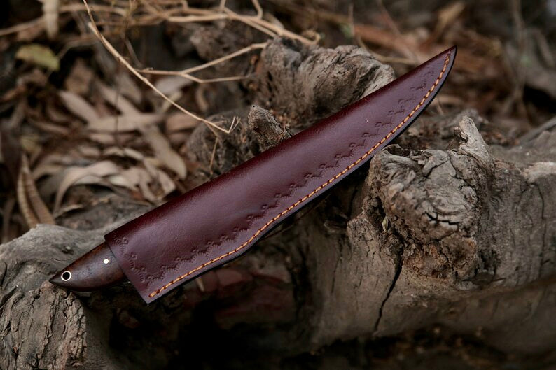 Damascus Steel Fillet Knife with Rosewood Handle and Leather Sheath