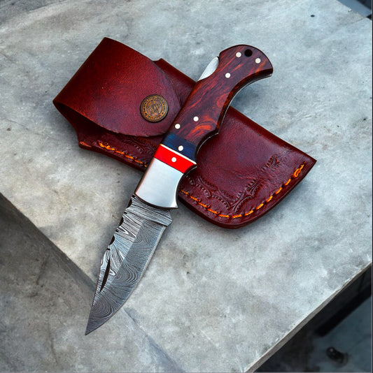 Damascus Steel Folding Knife – 6” Handmade Pocket Knife with Rosewood Handle, Steel Bolster & Leather Sheath