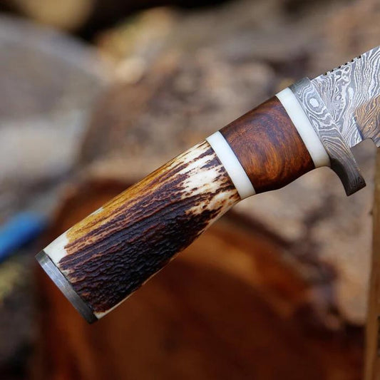 Damascus Steel Hunting Knife with Stag Horn Handle and Leather Sheath.