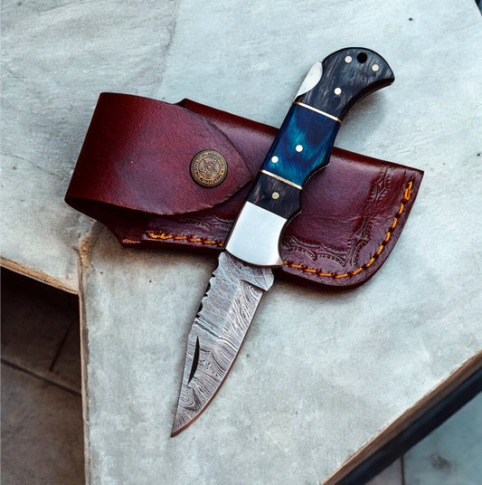 Damascus Steel Pocket Knife – 6” Handmade Blade with Pakkawood Handle, Steel Bolster & Leather Sheath
