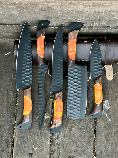 Damascus steel D2 handmade knife chef set with rosewood resin handle and leather sheath
