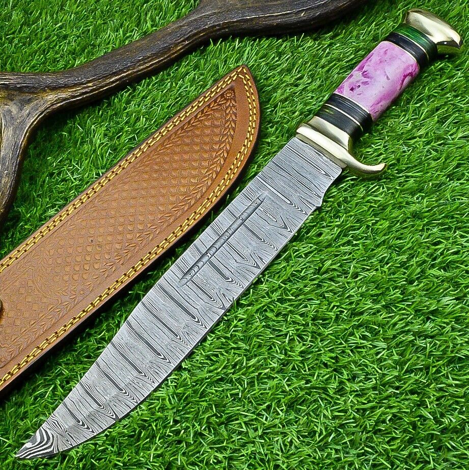 "Damascus steel bowie knife with leather sheath, resin pakkawood handle"