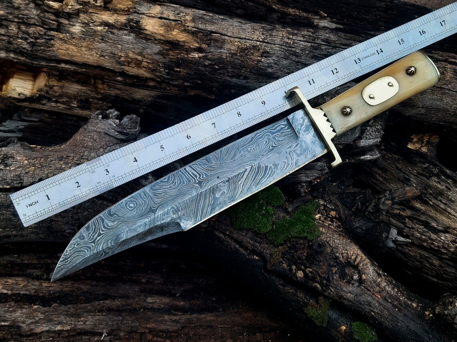 "Damascus steel cowboy bowie knife with camel bone handle and brass guard for sale"
