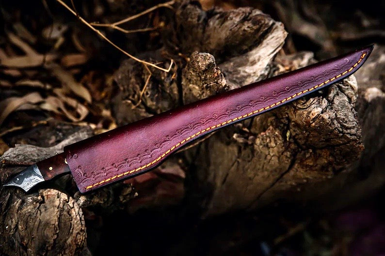 Handmade Damascus Steel Fish Fillet Knife – 13” with Rosewood Handle & Leather Sheath

