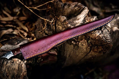 Handmade Damascus Steel Fish Fillet Knife – 13” with Rosewood Handle & Leather Sheath

