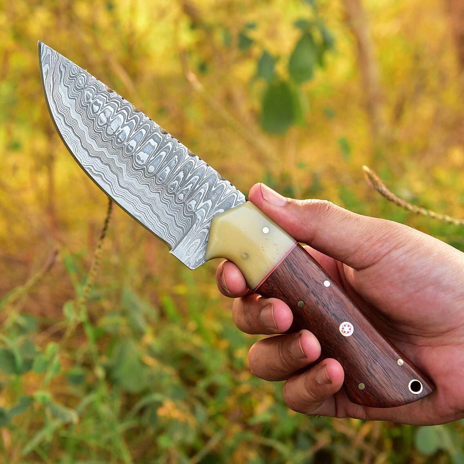 Damascus steel skinning knife with camel bone and rosewood handle, 4.5-inch blade
