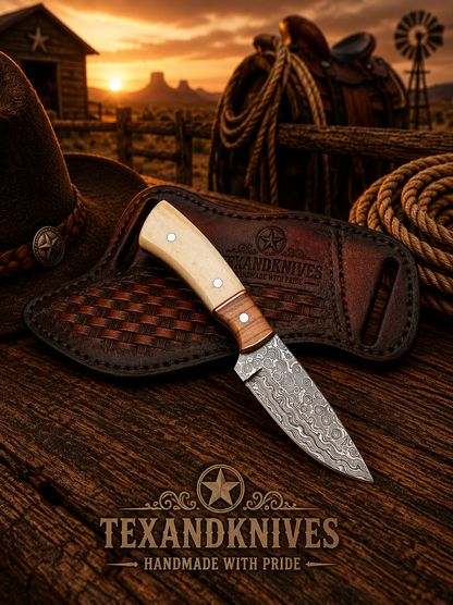Cowboy Everyday Carry Damascus Knife - 8.5" Olive Wood & Rosewood Handle with Leather Sheath