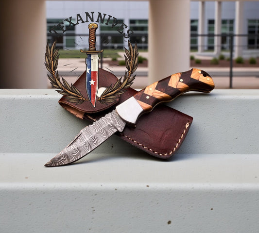 Custom Handmade Damascus Folding Knife – 6" Compact Wood Handle Pocket Knife with Leather Sheath